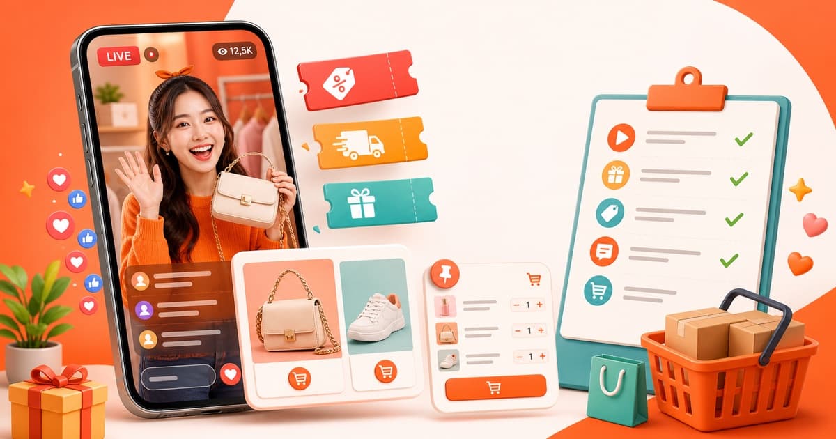 Thumbnail AI minh họa Shopee Live với host bán hàng, voucher, giỏ ghim sản phẩm và checklist kịch bản