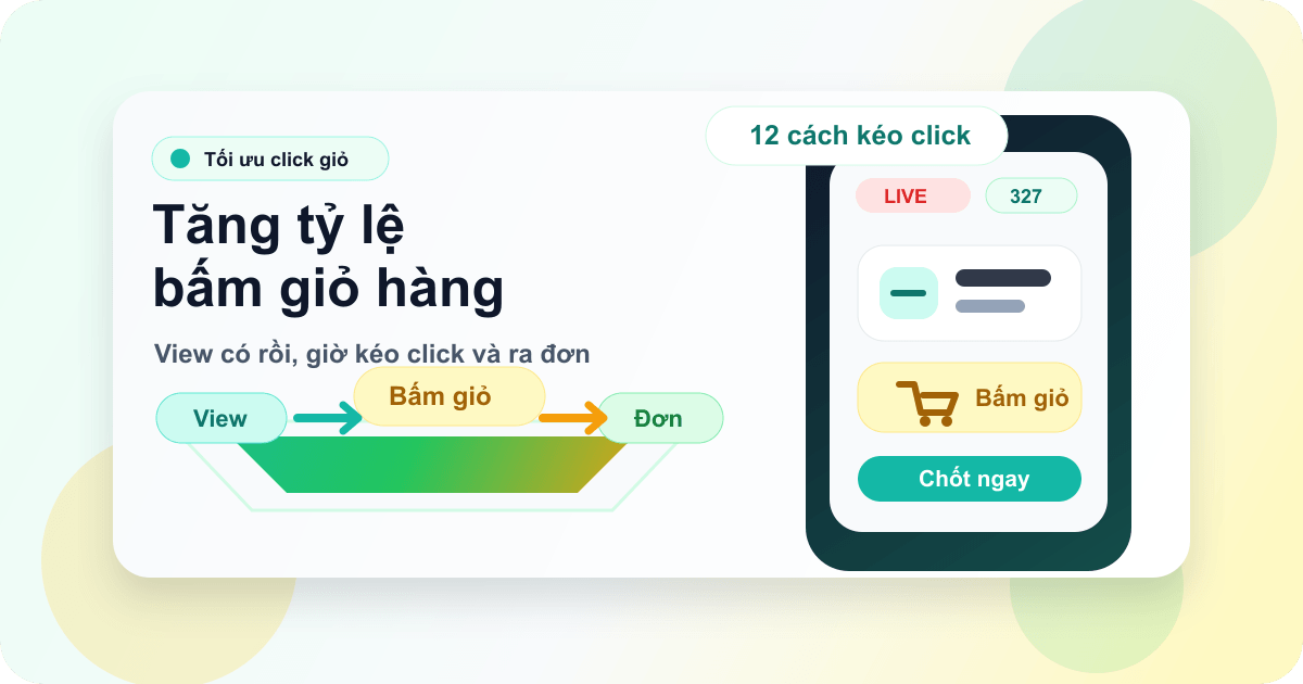 Thumbnail bài viết tăng tỷ lệ bấm giỏ hàng khi livestream TikTok Shop với phễu View, Bấm giỏ và Đơn hàng